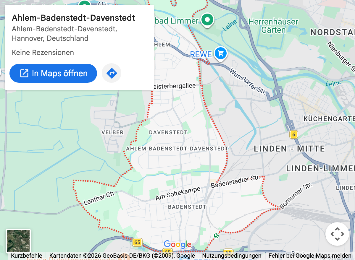 Google-Maps-Kartenausschnitt: Hannover Ahlem-Badenstedt-Davenstedt und Umgebung