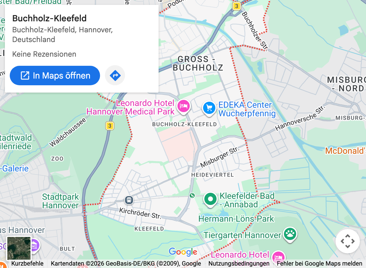 Google-Maps-Kartenausschnitt: Hannover Buchholz-Kleefeld und Umgebung