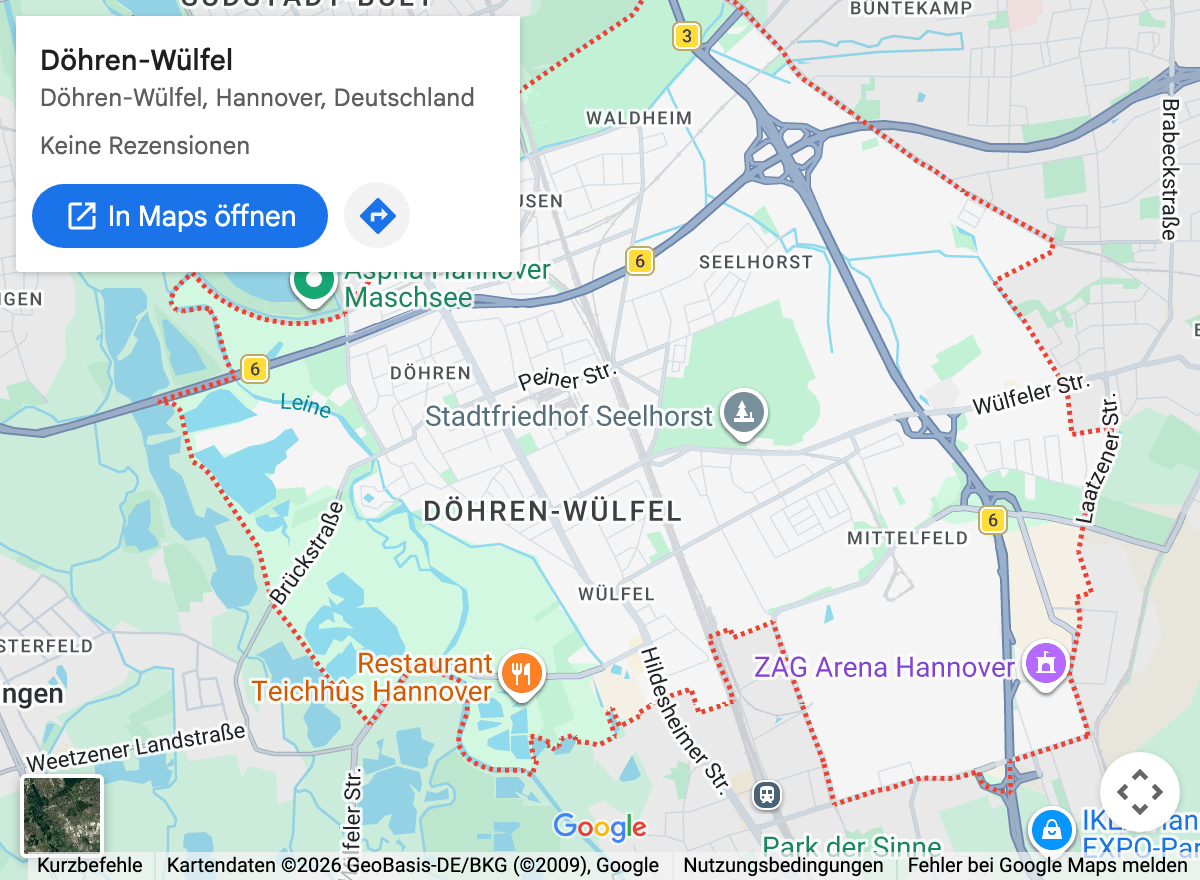 Google-Maps-Kartenausschnitt: Hannover Döhren-Wülfel und Umgebung