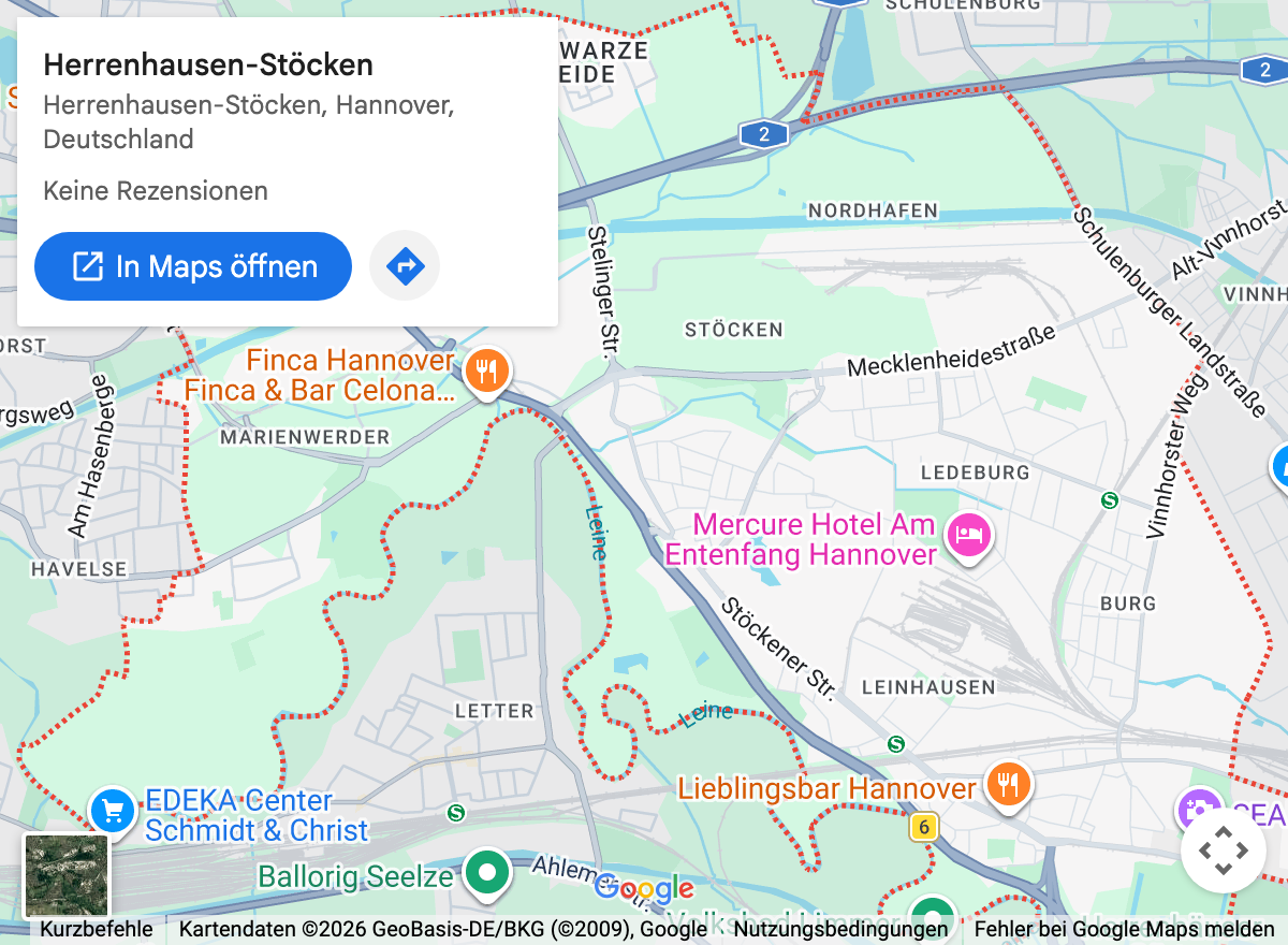 Google-Maps-Kartenausschnitt: Hannover Herrenhausen-Stöcken und Umgebung
