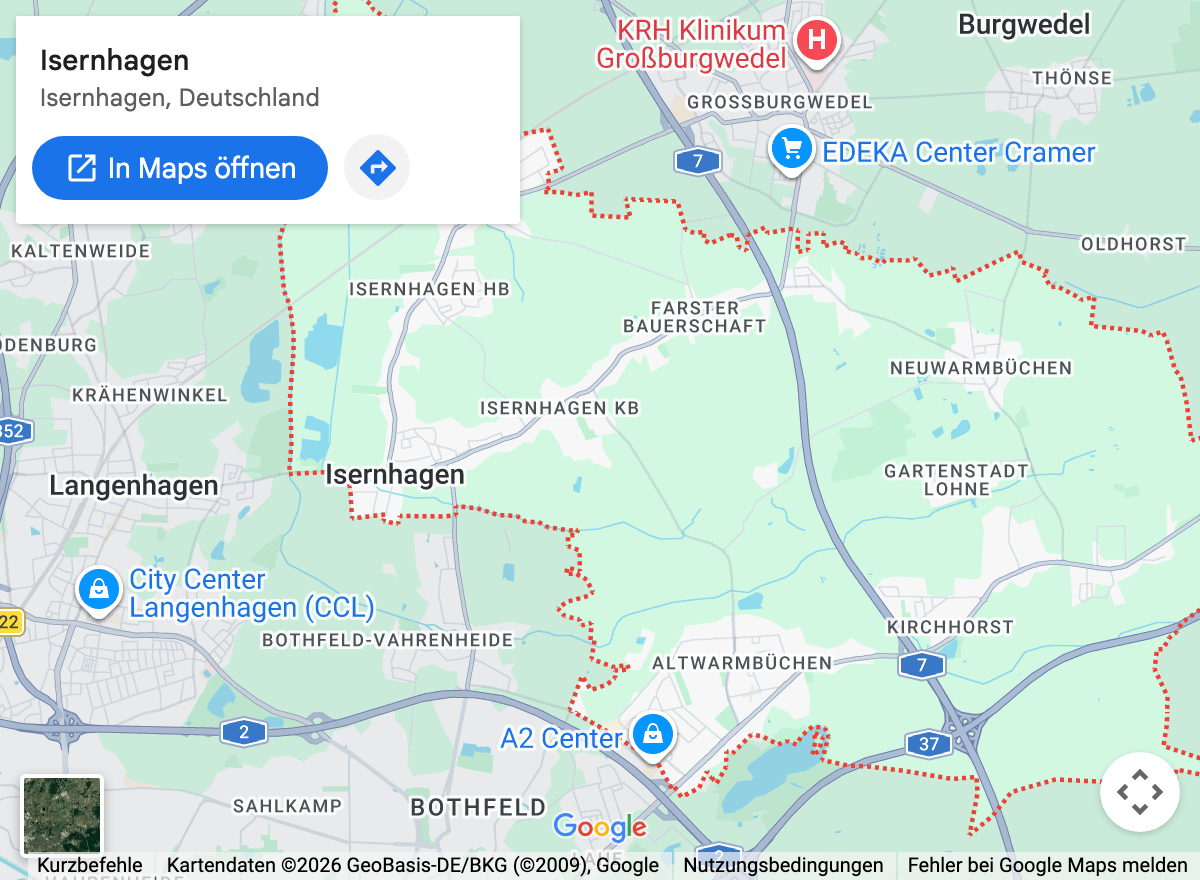 Google-Maps-Kartenausschnitt: Isernhagen und Umgebung
