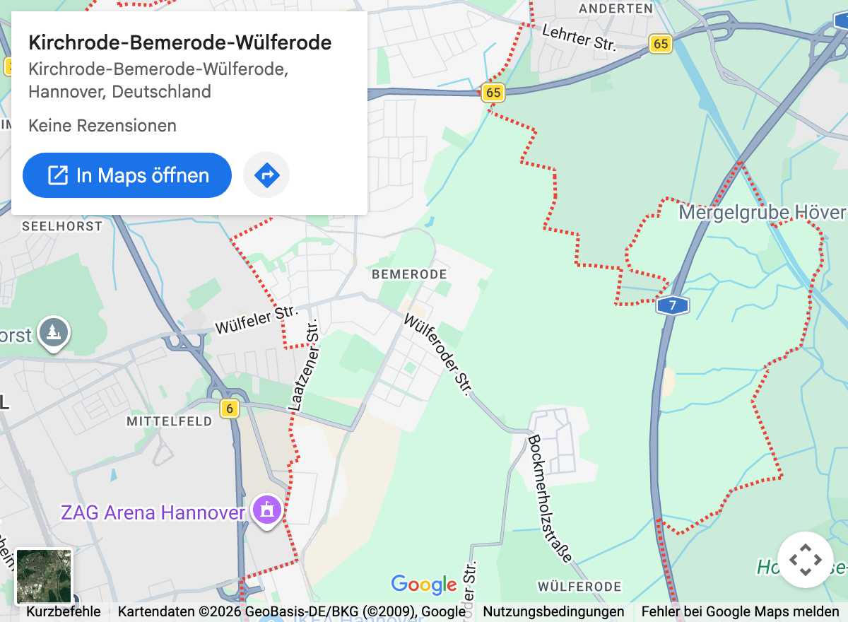 Google-Maps-Kartenausschnitt: Hannover Kirchrode-Bemerode-Wülferode und Umgebung