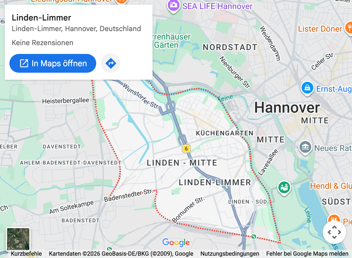 Google-Maps-Kartenausschnitt: Hannover Linden-Limmer und Umgebung