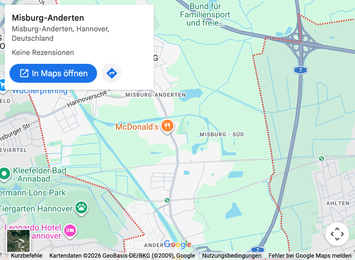 Google-Maps-Kartenausschnitt: Hannover Misburg-Anderten und Umgebung