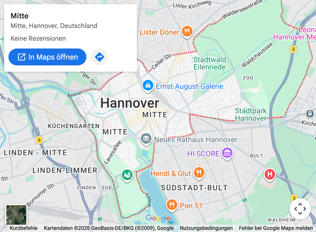 Google-Maps-Kartenausschnitt: Hannover Mitte und Umgebung