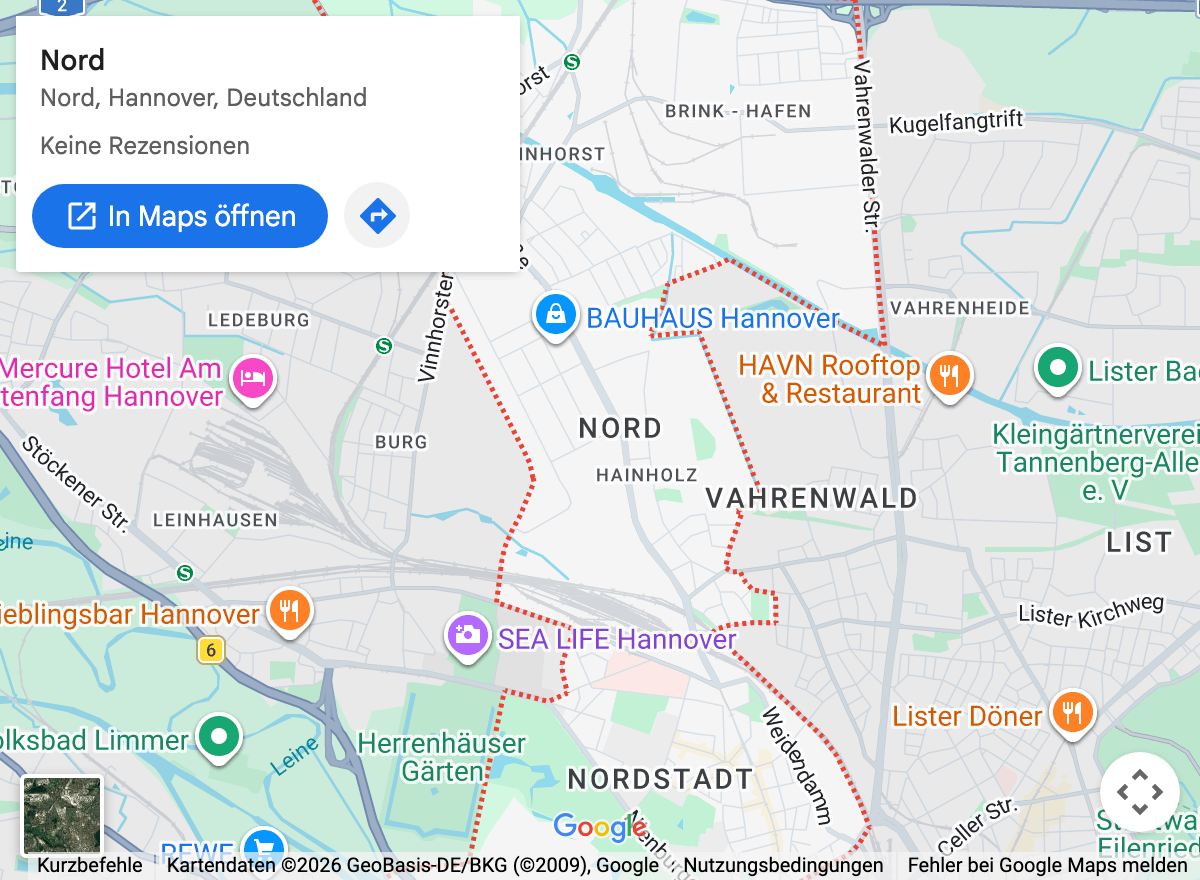 Google-Maps-Kartenausschnitt: Hannover Nord und Umgebung