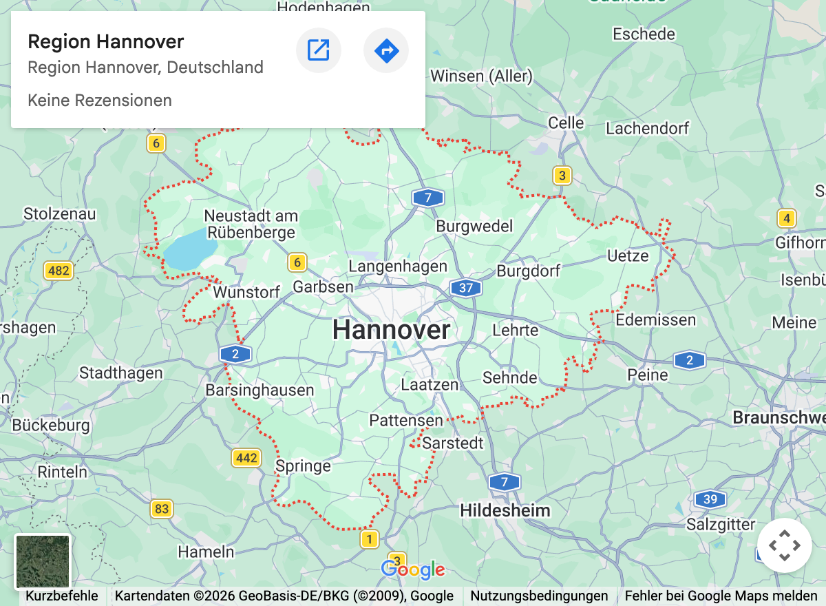 Google-Maps-Kartenausschnitt: Region Hannover und Umgebung