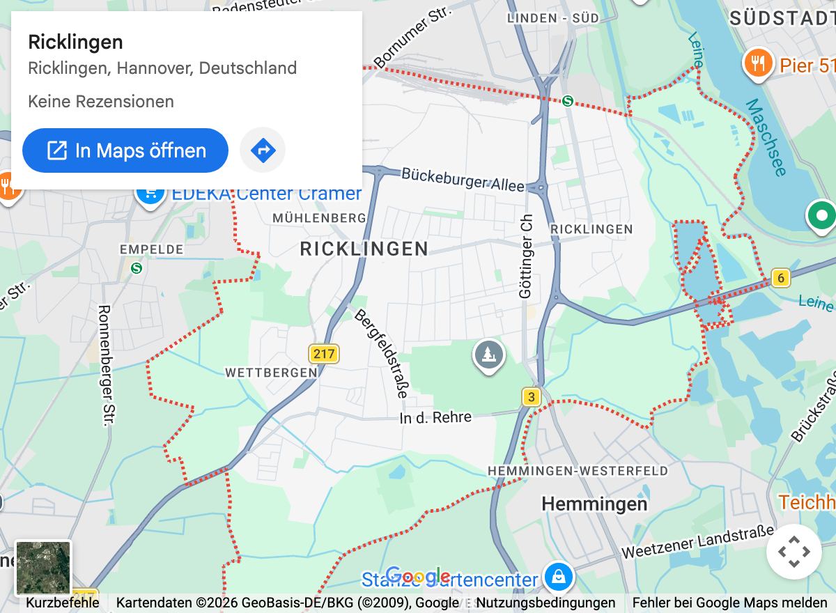 Google-Maps-Kartenausschnitt: Hannover Ricklingen und Umgebung