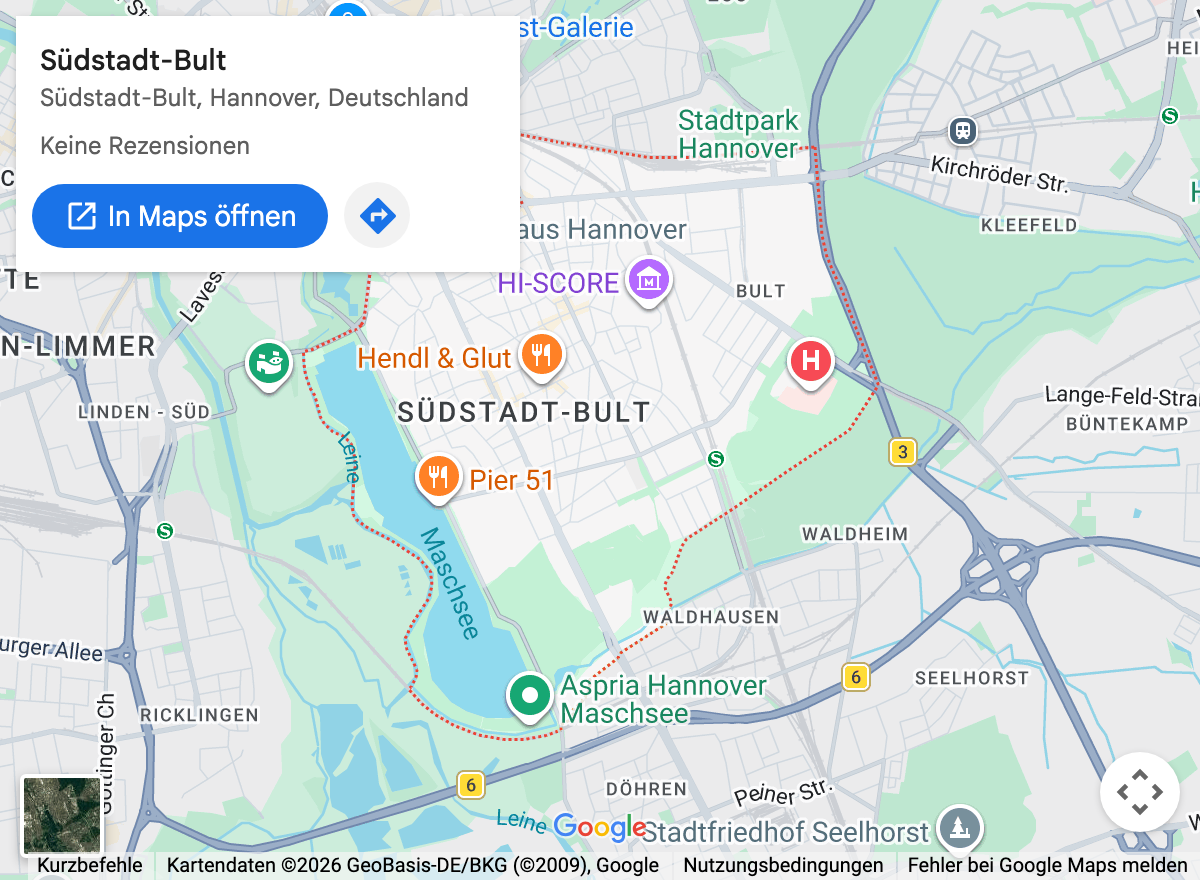 Google-Maps-Kartenausschnitt: Hannover Südstadt-Bult und Umgebung