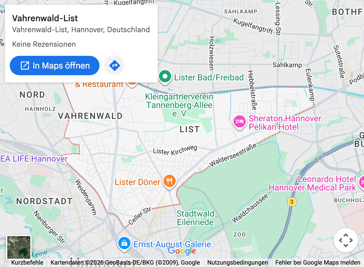 Google-Maps-Kartenausschnitt: Hannover Vahrenwald-List und Umgebung