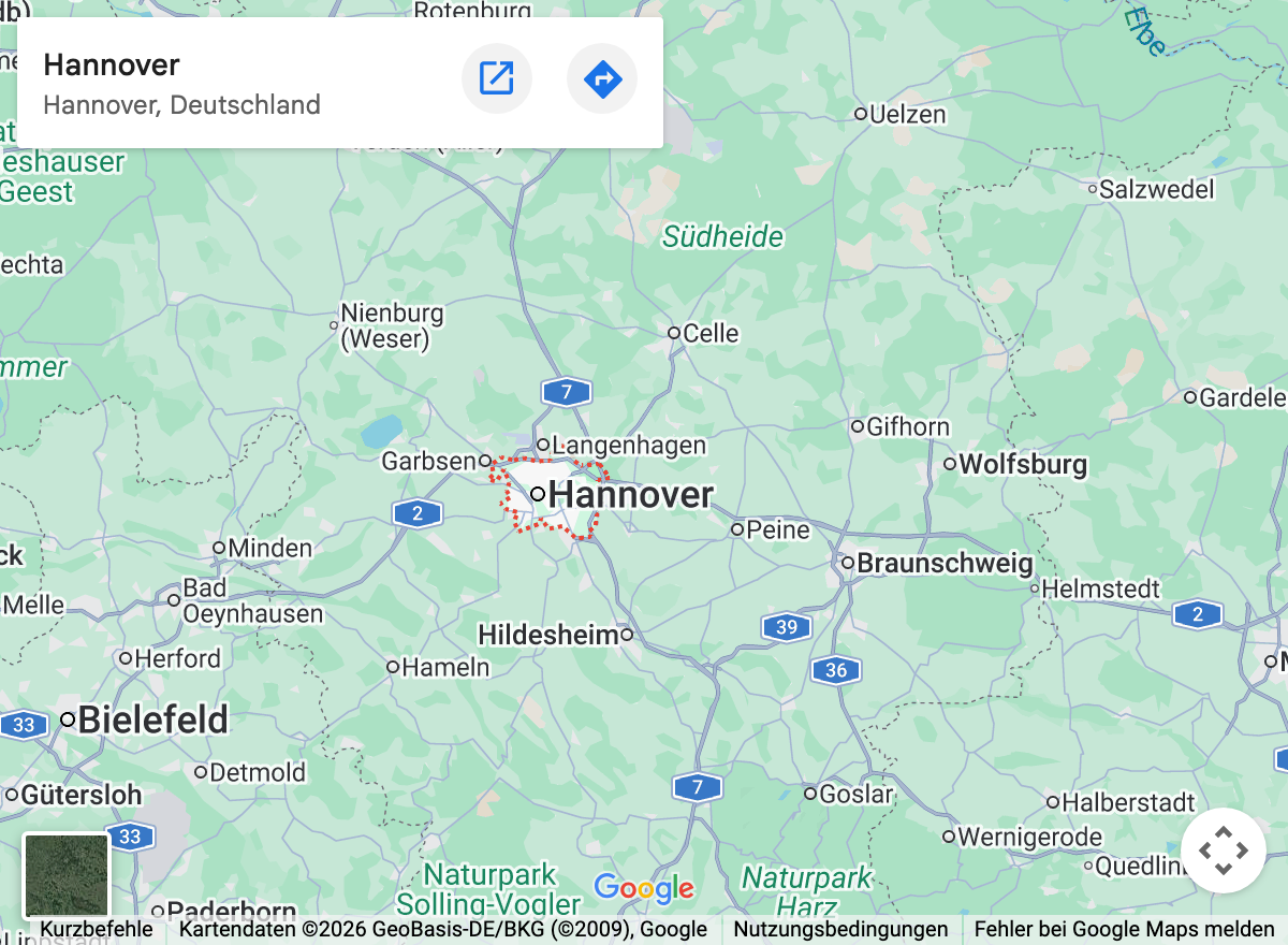 Google-Maps-Kartenausschnitt: Weiteres Umland Hannovers und Umgebung
